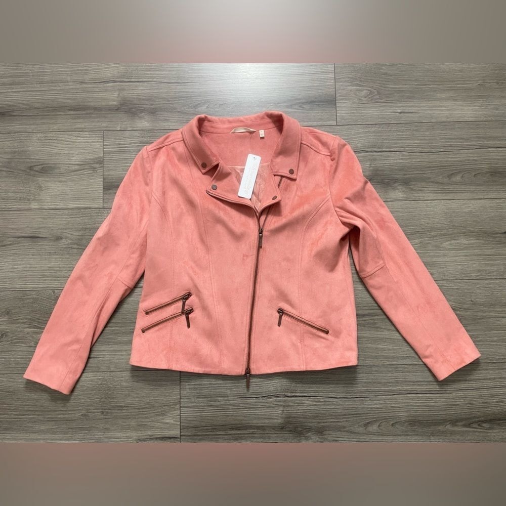 Soft Surroundings Dusty Coral Pink Faux Suede Moto Motorcycle Biker Jacket Coat